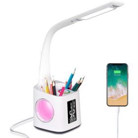 LED Desk Lamp with USB Charging Port&Pen Holder, Study Light with Clock