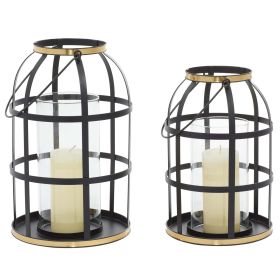 DecMode 2 Holder Black Metal Decorative Candle Lantern with Handle, Set of 2