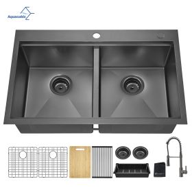 Aqucubic Gunmetal Black CUPC Handmade 304 Stainless Steel Topmount Kitchen Sink with Accessories and faucet (Color: ACS3322A2T-FW)